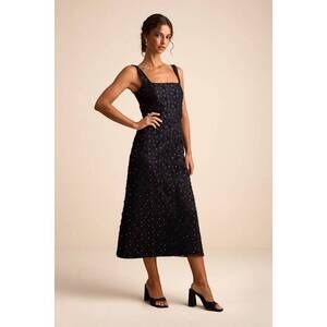 Lulus Sandrina Black Textured Sequin Square Neck Midi Dress - Size XS